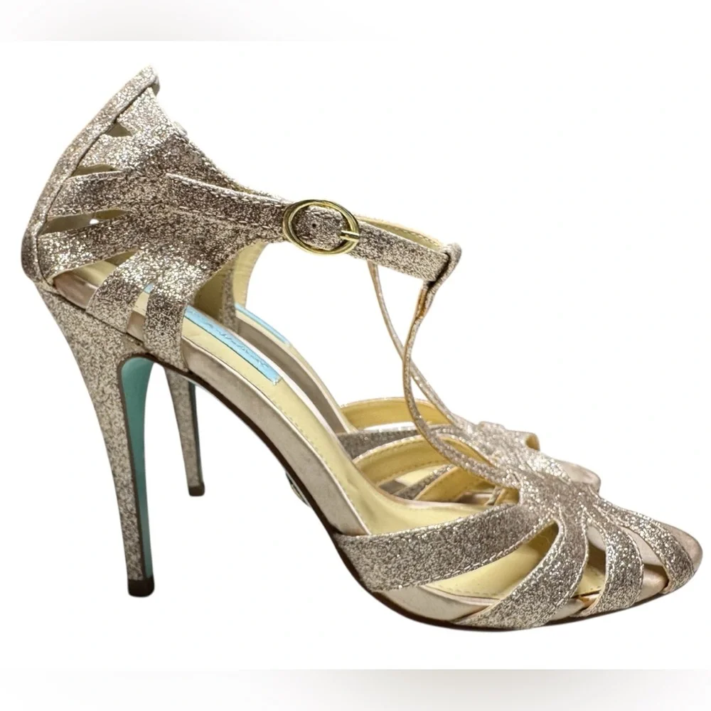 Betsey Johnson Tee Gold Glitter T-Strap High Heel Shoes Size 8 - Picture 7 of 14